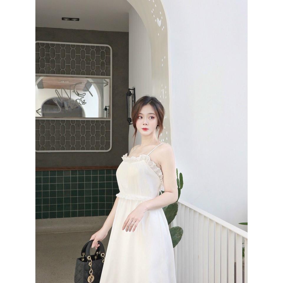 Đầm 2 dây hở lưng, Váy trắng maxi đi biển Cao Cấp phong cách Vintage thiết kế dáng xòe dài qua gối - MiNhi Fashion