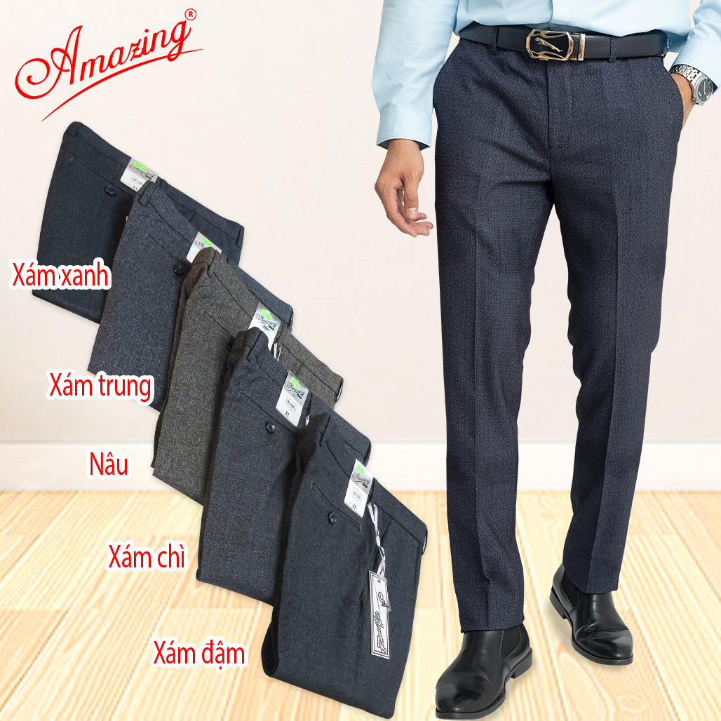 Quần âu không ly, vải màu nâu vân chìm, dáng truyền thống, ống suông hiệu Amazing