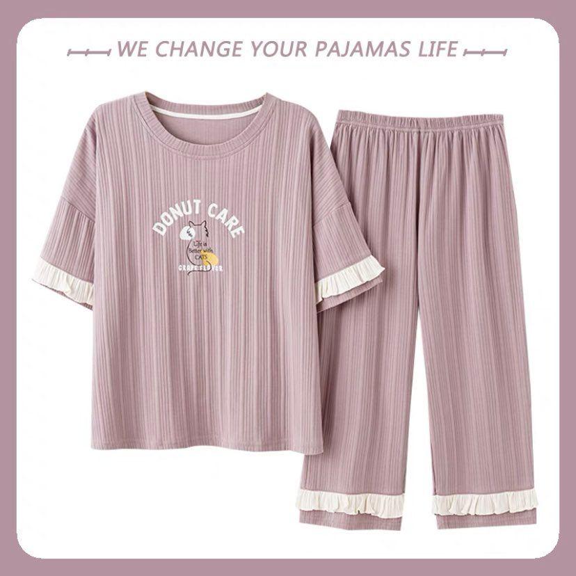 Bộ Mặc Nhà Pyjama Lửng Cộc Tay Cổ Tròn Cotton Co Dãn Mềm Mại