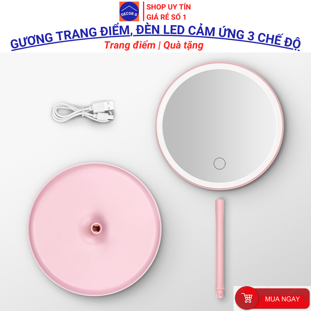 Gương trang điểm đèn led, Gương để bàn trang điểm Hàn Quốc decor xinh xắn dễ thương [Kèm pin dây sạc USB