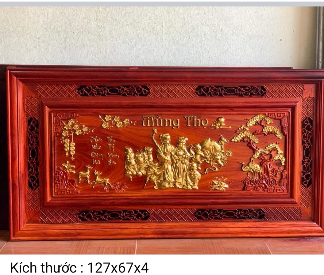 Tranh mừng thọ gỗ hương đỏ pu dát vàng cao cấp kt 67×127×4cm