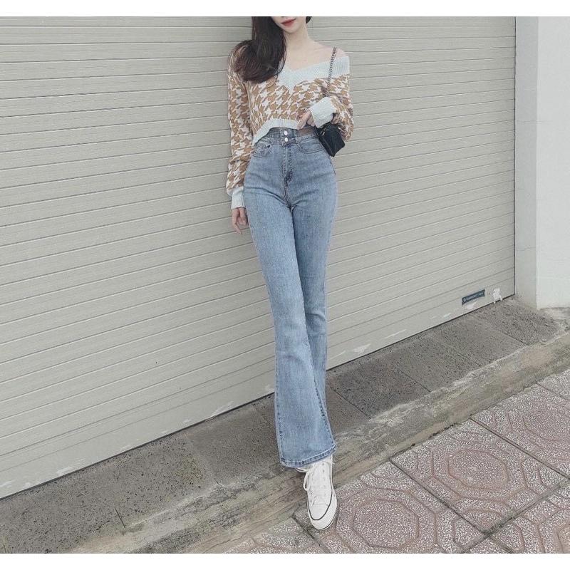Quần Jeans Loe Xanh 2 Khuy Cạp Cao Cho Nữ