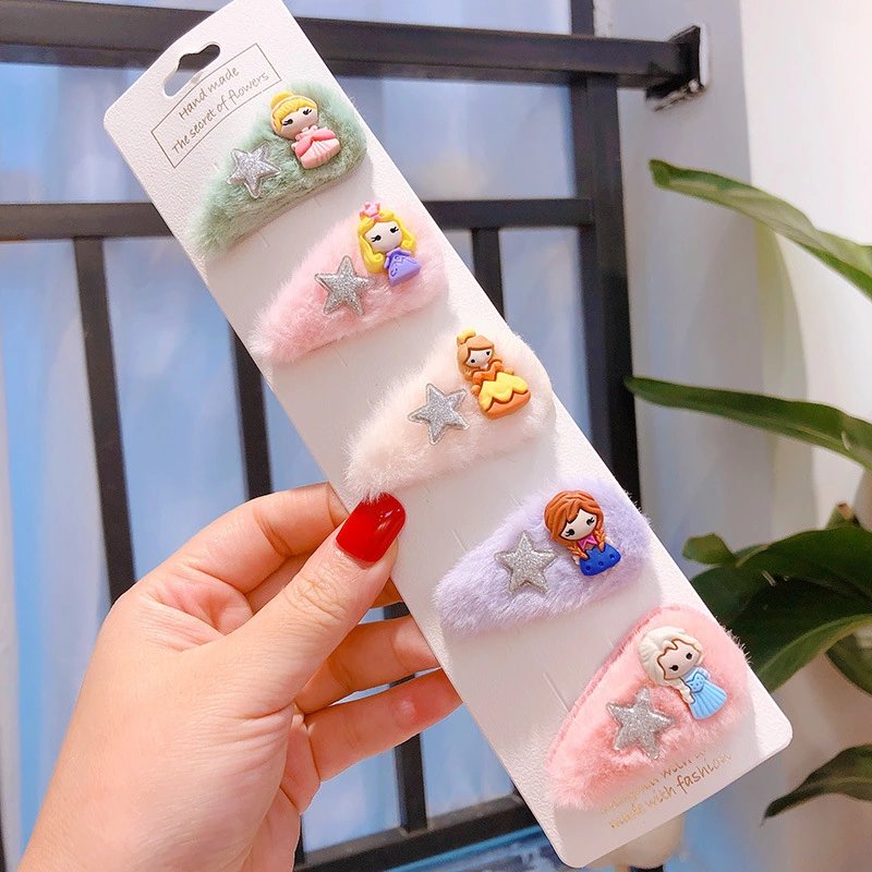 Set 5 Kẹp Tóc Mái Lông Nhân Tạo Hình Công Chúa Dễ Thương