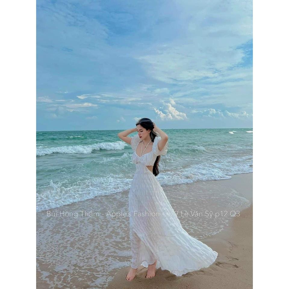 Váy đầm nữ maxi dáng xòe tay bồng hở eo có thể mặc thành hai kiểu siêu hót