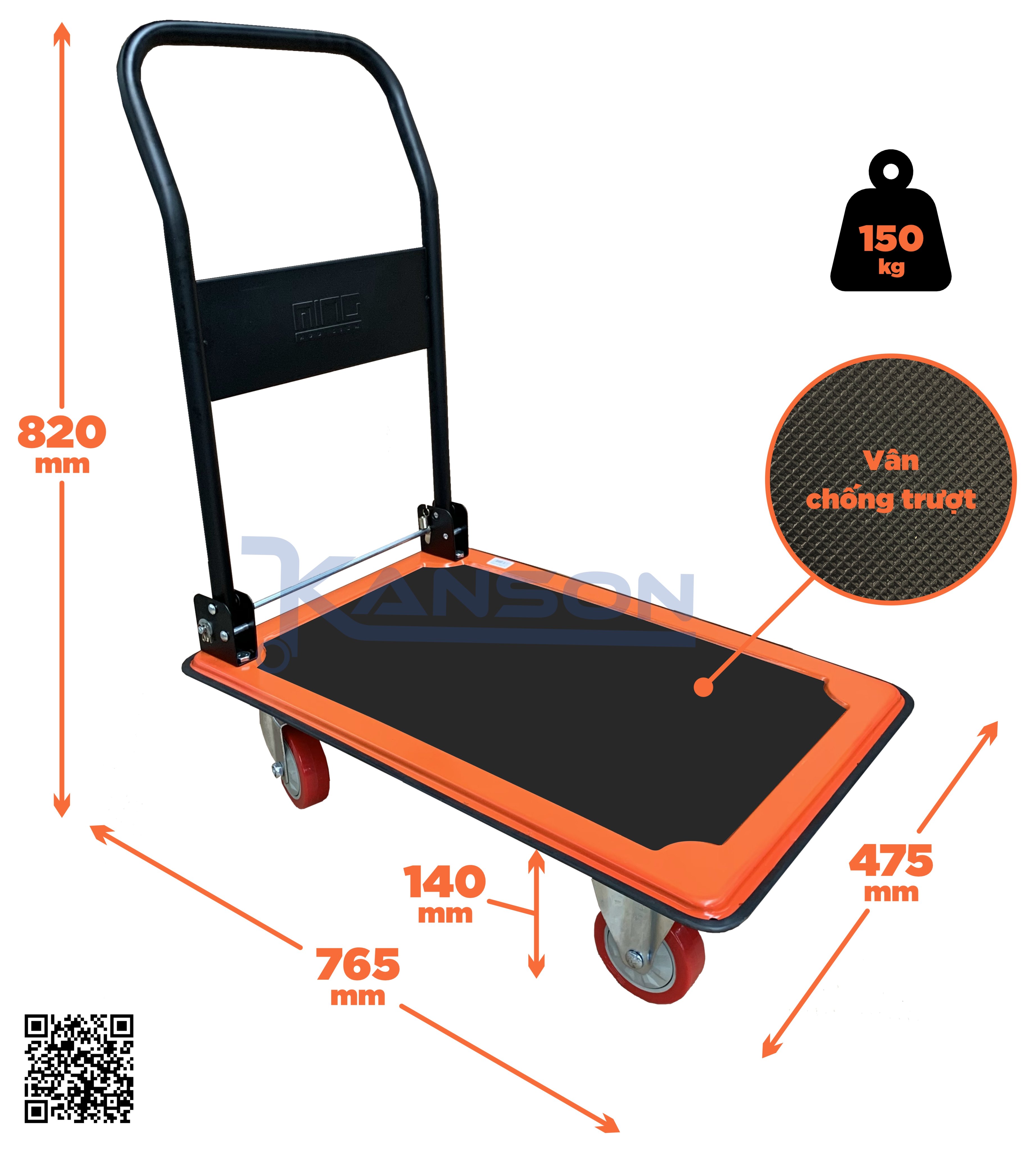 Xe đẩy hàng 4 bánh gấp gọn Kanson Handtruck TP-XDT003 - tải trọng 150kg