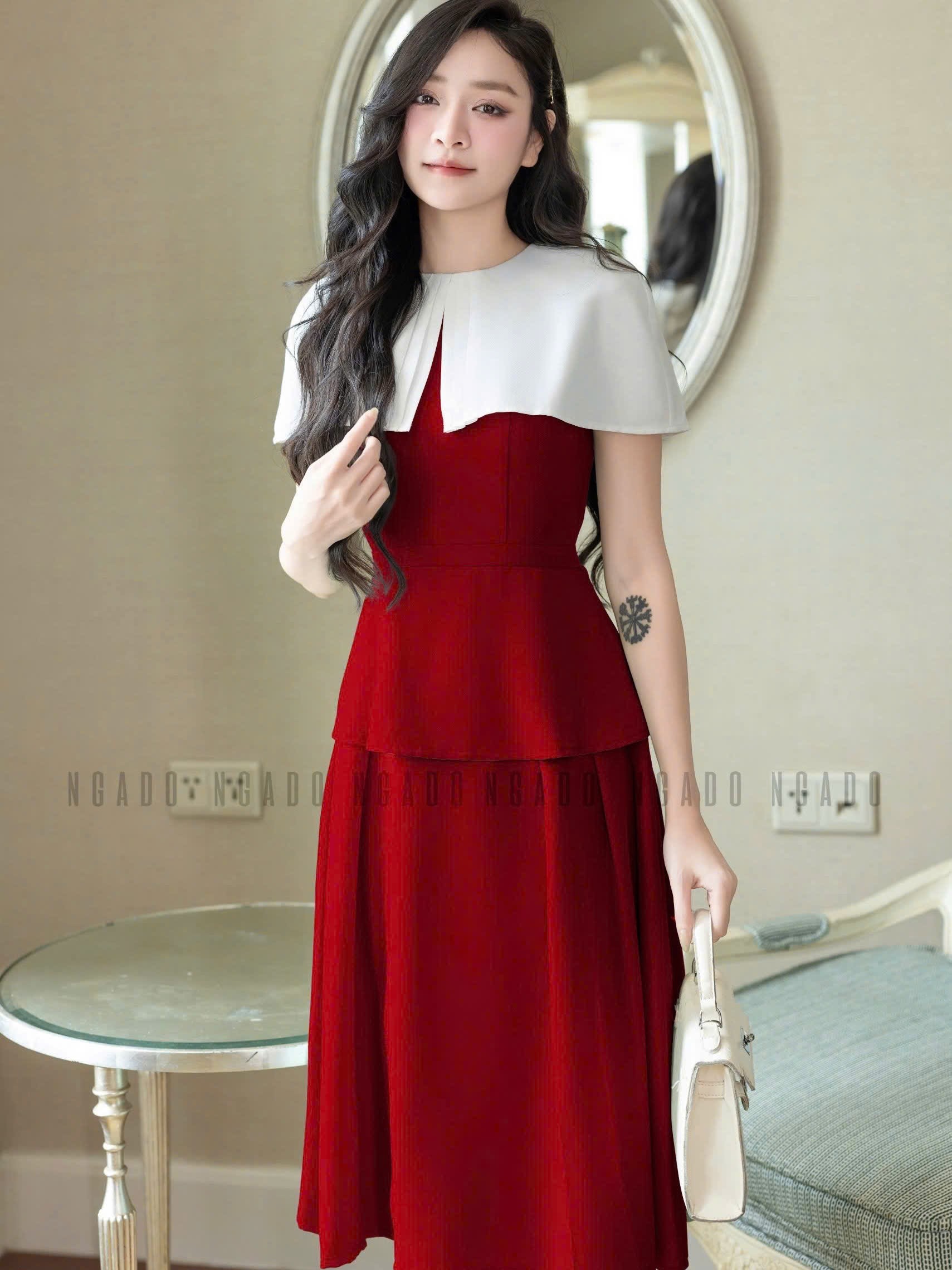 Đầm đỏ phối vạt trắng NGADO , đầm kiểu Nữ , đầm dự tiệc , công sở