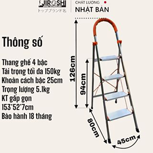 Thang ghế thắp hương gấp gọn nhôm inox Jiroshi 3 4 5 7 bậc, thang xếp gia đình inox nhật bản có tay vịn thông minh