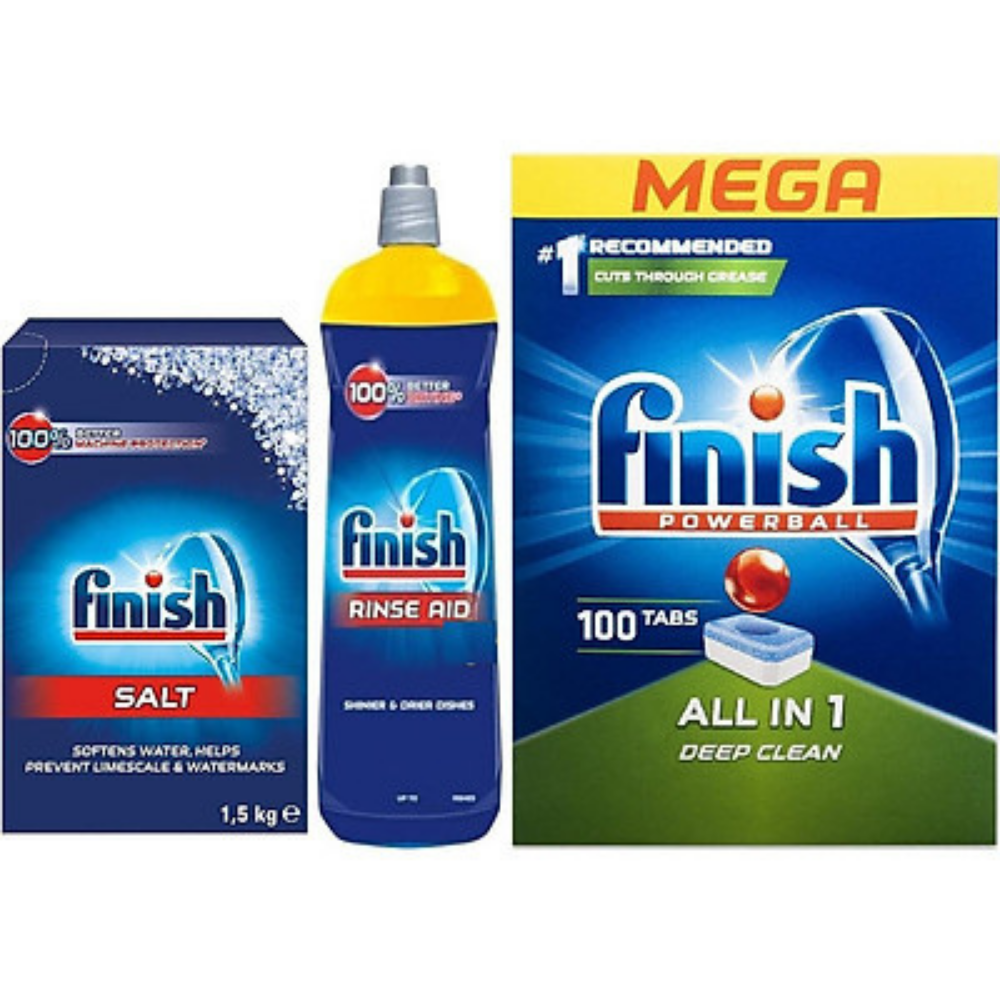 Combo Viên rửa bát fnish All in one 100 viên+Dung dịch nước làm bóng finish 750ml+Muối rửa bát chén finish 750ml cho Máy rửa bát