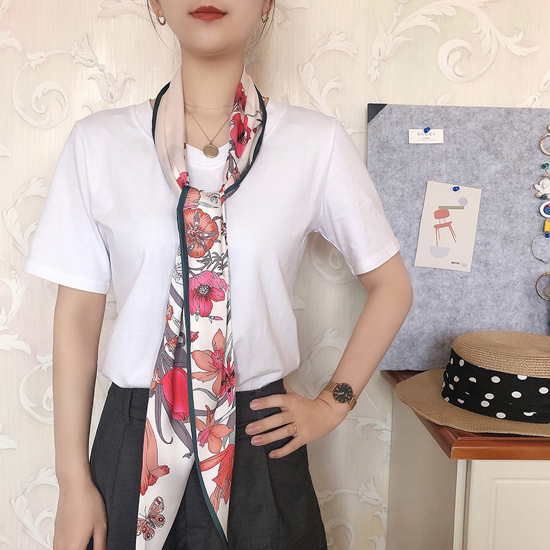 Khăn lụa dáng dài họa tiết hoa lá Vintage dễ thương AKL97