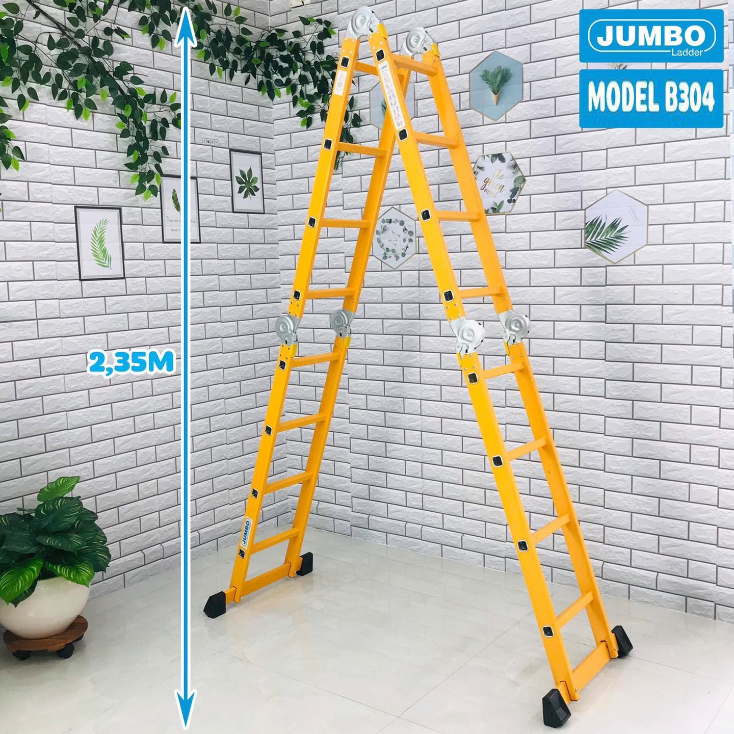 Thang Chữ A, Thang nhôm gấp 4 đoạn JUMBO B304, chữ A - 2.26m, chữ I - 4.7m, 14 tư thế sử dụng, tải trọng 300kg - Chắc chắn, tiện dụng - Sơn vàng tĩnh điện chống trầy xước rỉ sét - Luôn có phụ kiện thay thế