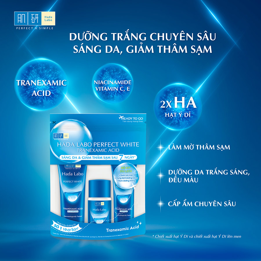 Bộ travel size dưỡng trắng Hada Labo Perfect White Tranexamic Acid Travel Set (Kem rửa mặt 15g+Dung dịch dưỡng 20ml+Kem dưỡng 12g)