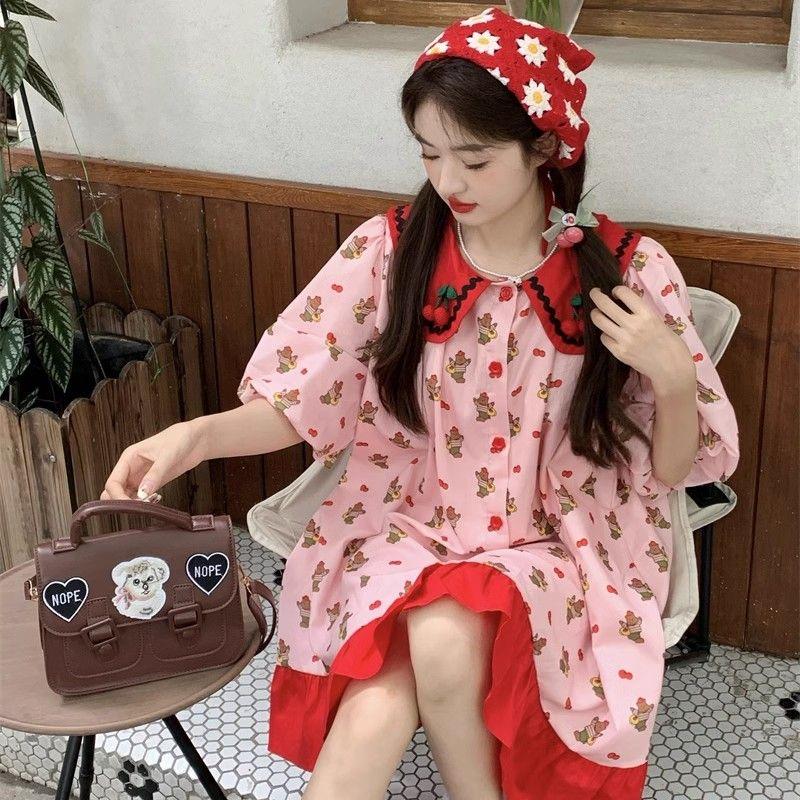 CHENGRUI Phim hoạt hình gấu con in anh đào va chạm màu nối mùa hè phiên bản Hàn Quốc lỏng lẻo giảm tuổi búp bê ngắn tay áo đầm cho phụ nữ