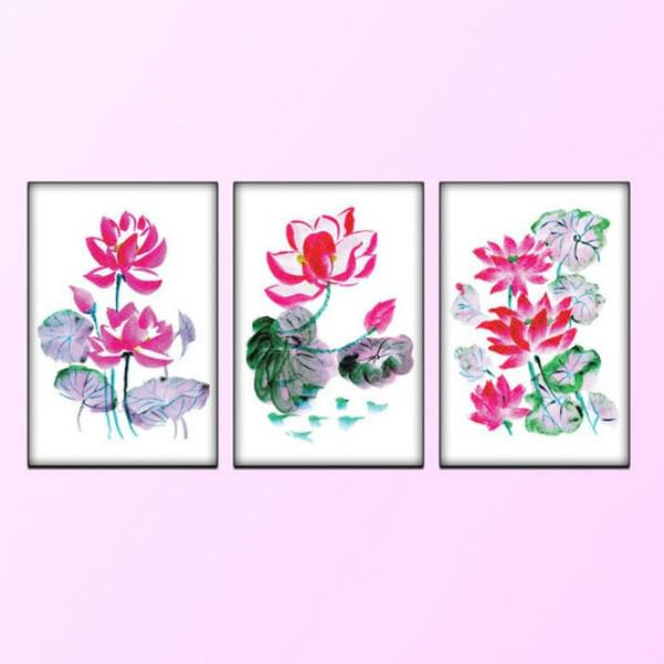 Bộ 3 Tranh Canvas Viền Composite Trang Trí Phòng Khách "Hoa Sen" W216