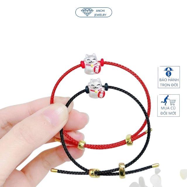 Vòng tay dây cước charm mèo thần tài, bạc ta dây 2mm may mắn, Anchi jewelry