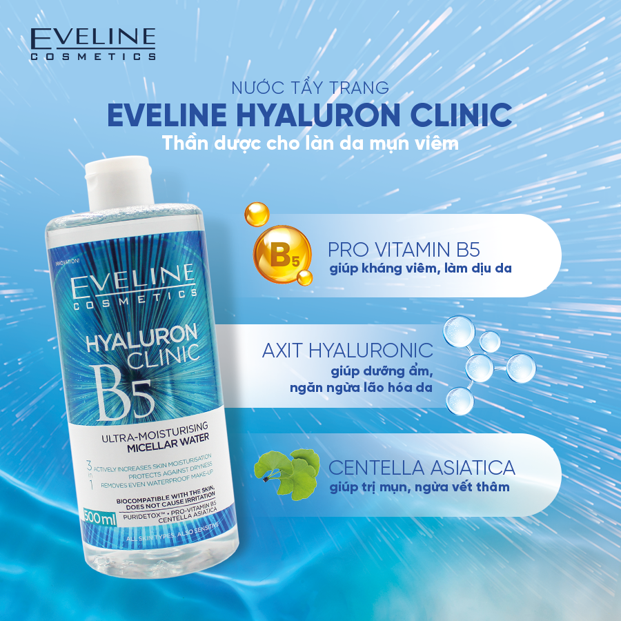 Tẩy trang Eveline Hyaluron Clinic B5 phiên bản nâng cấp, cấp nước cấp ẩm  sâu, phục hồi dịu da - 500ml - Beautybyco.vn