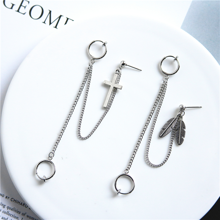 Khuyên tai bông tai sợi mắt xích mix hình lông vũ xỏ lỗ kết hợp cặp vành