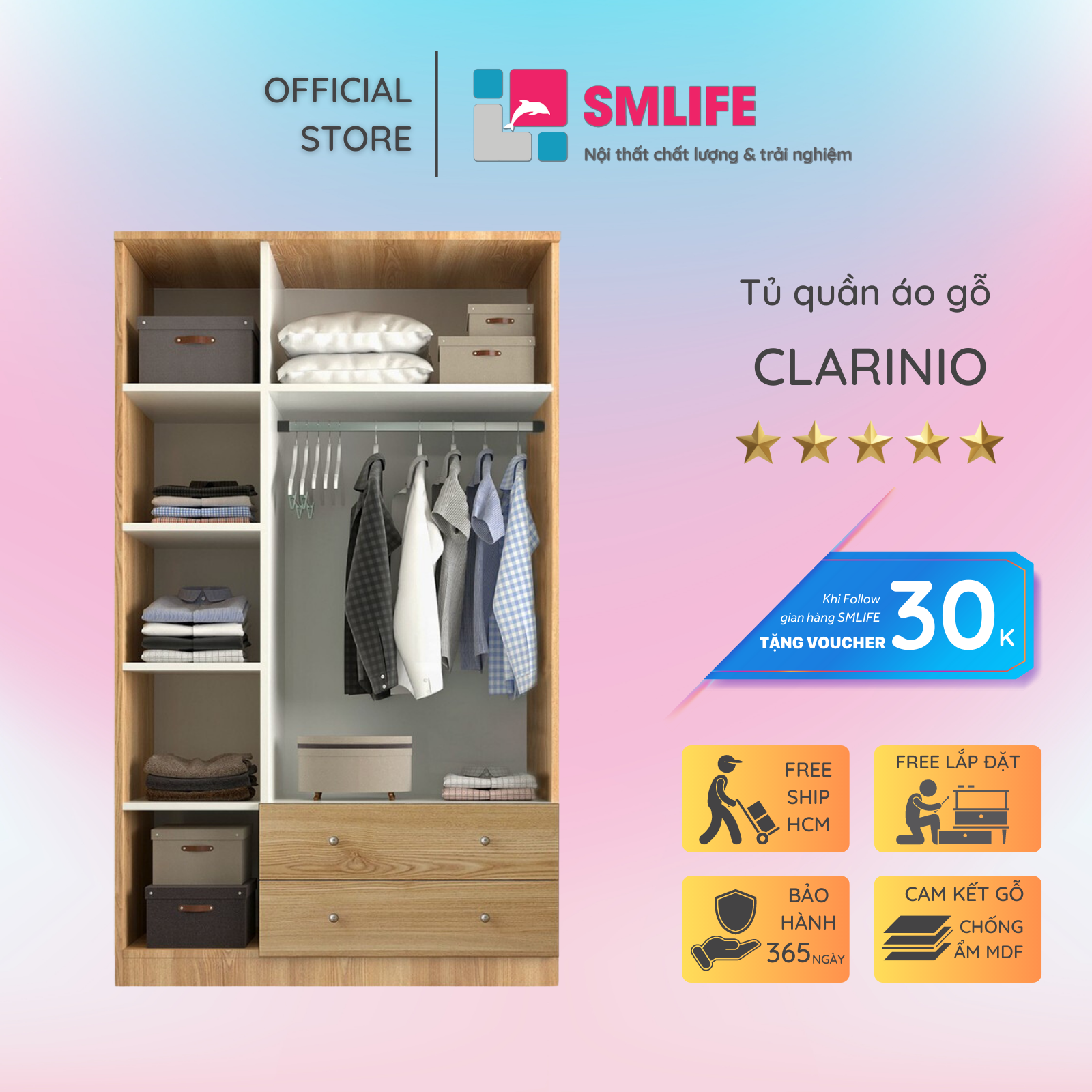 Tủ quần áo gỗ hiện đại SMLIFE Clarinio | Gỗ MDF dày 17mm chống ẩm | D105xR48xC182cm