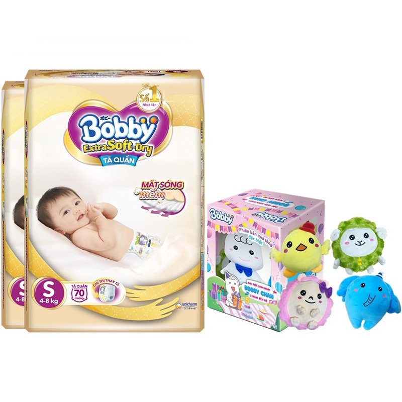 Combo 2 Gói Tã/Bỉm Quần Cao Cấp Bobby Extra Soft-Dry S70 - [Tặng Hộp Đồ Bông 5 Món Đặc Biệt Bobby Chan & 4 Người Bạn]