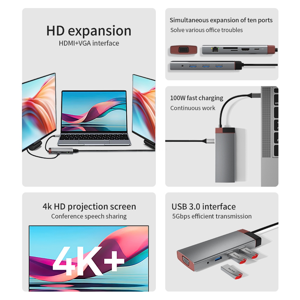 Bộ HUB TEEMO PC Gentlemen Chia 12 Cổng USB Type C To HDMI PD Dùng Cho Laptop Surface Macbook IPad Điện Thoại - Hàng Chính Hãng