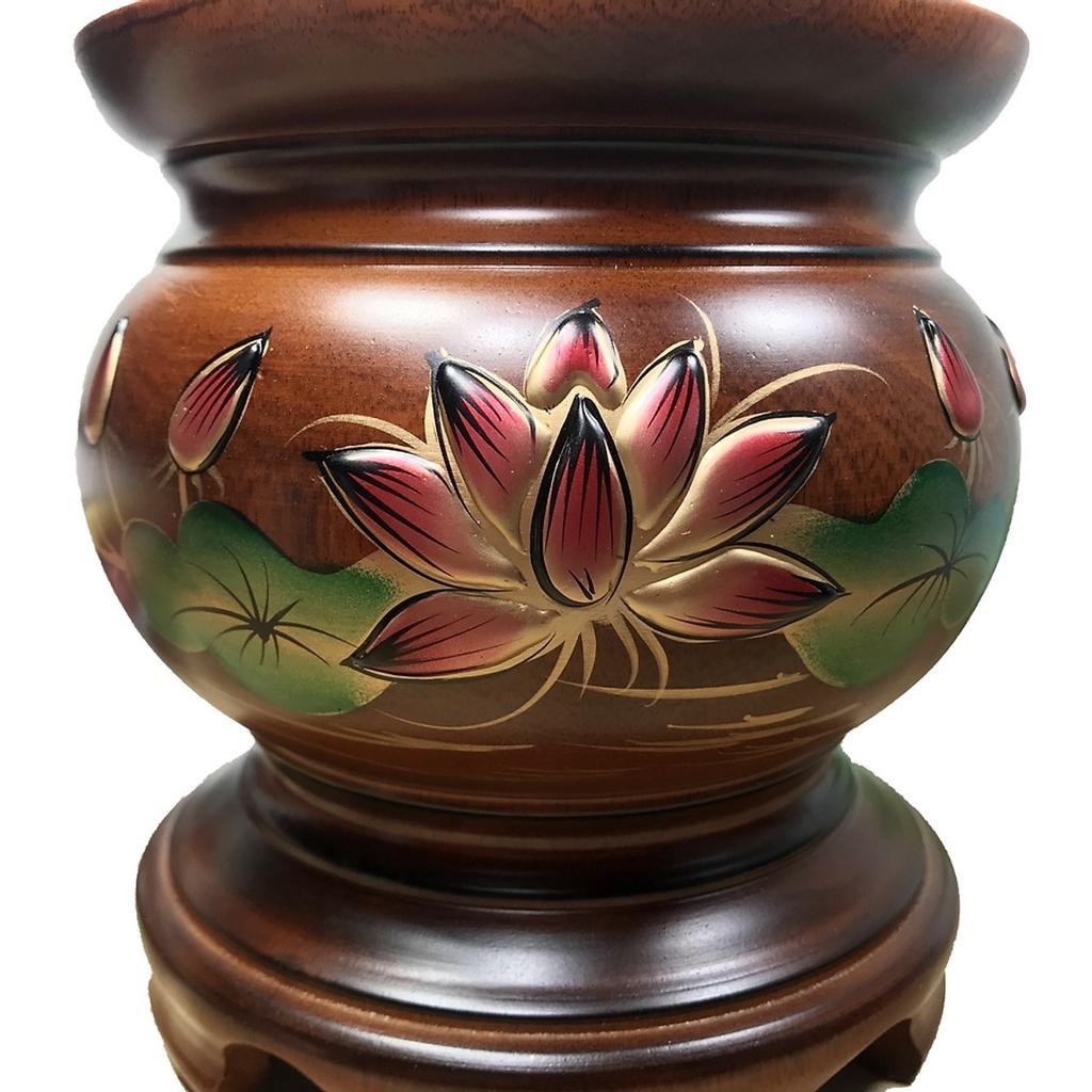 Bát hương bằng gỗ, Lư hương gỗ thờ cúng khắc nổi hoa sen cao 16cm