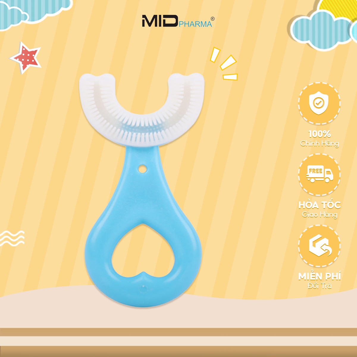 Bàn chải đánh răng chữ U thương hiệu Midkid cho bé từ 2 tuổi, chải xoay 180 độ, massage răng, chất liệu mềm mại, an toàn
