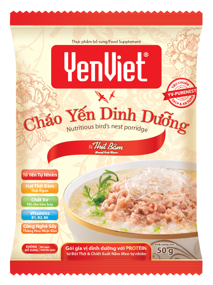 Yến Việt - Cháo yến dinh dưỡng vị thịt bằm sấy thăng hoa, vitamin B, không bột ngọt, chất bảo quản thùng 30 gói x 50g