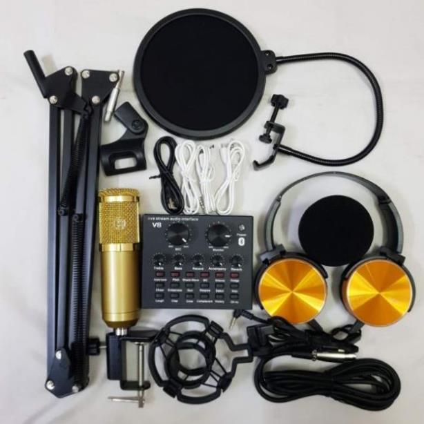COMBO THU ÂM LIVESTREAM MÍC BM800 SOUND CARD V8 CHÂN KẸP MÀNG LỌC TẶNG KÈM TAI NGHE 450