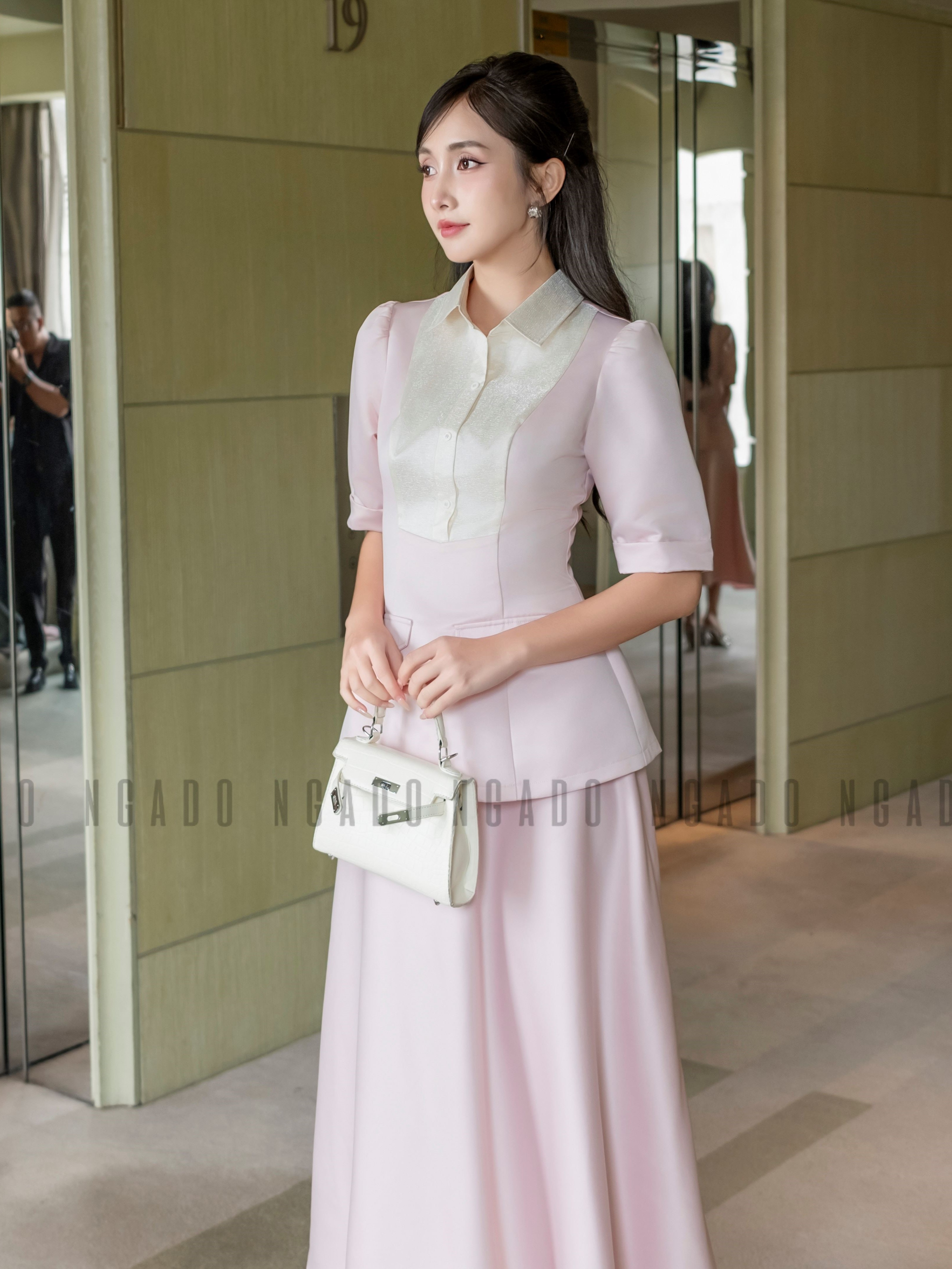 Set áo váy hồng cổ phối trắng NGADO , set áo kèm chân váy xòe , set váy công dở , dự tiệc