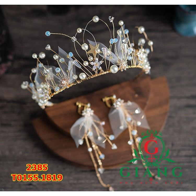 Vương miện cô dâu mềm hạt trai kèm bông tai giangpkc sp002897