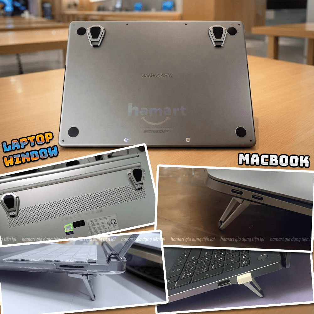 Bộ Đế Kê Laptop Tản Nhiệt Mini Kim Loại Kẽm Cao Cấp Gấp Gọn Giá Đỡ Macbook 2 Chân Keo Dán Siêu Dính - Hàng nhập khẩu