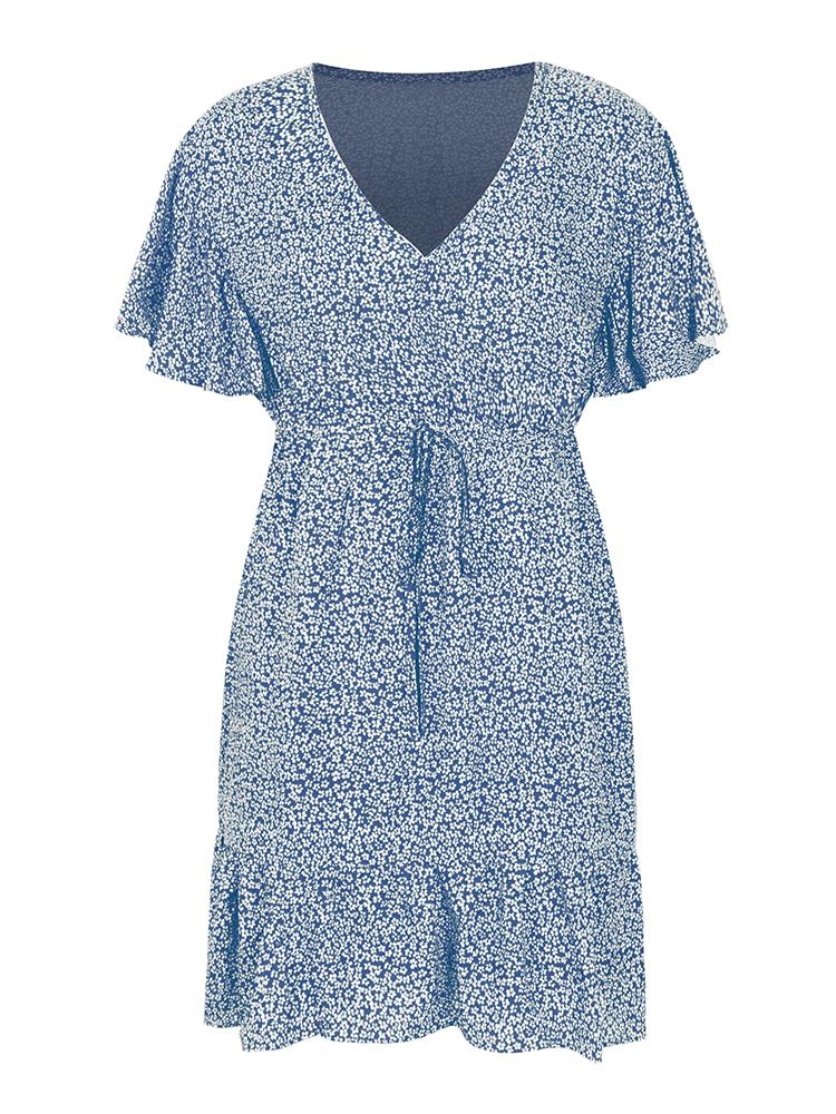 Women Summer Floral Print Dress Ruffles Short Sleeves V Neck Drawstring Tied Waist Boho Holiday Beach Party Casual Mini