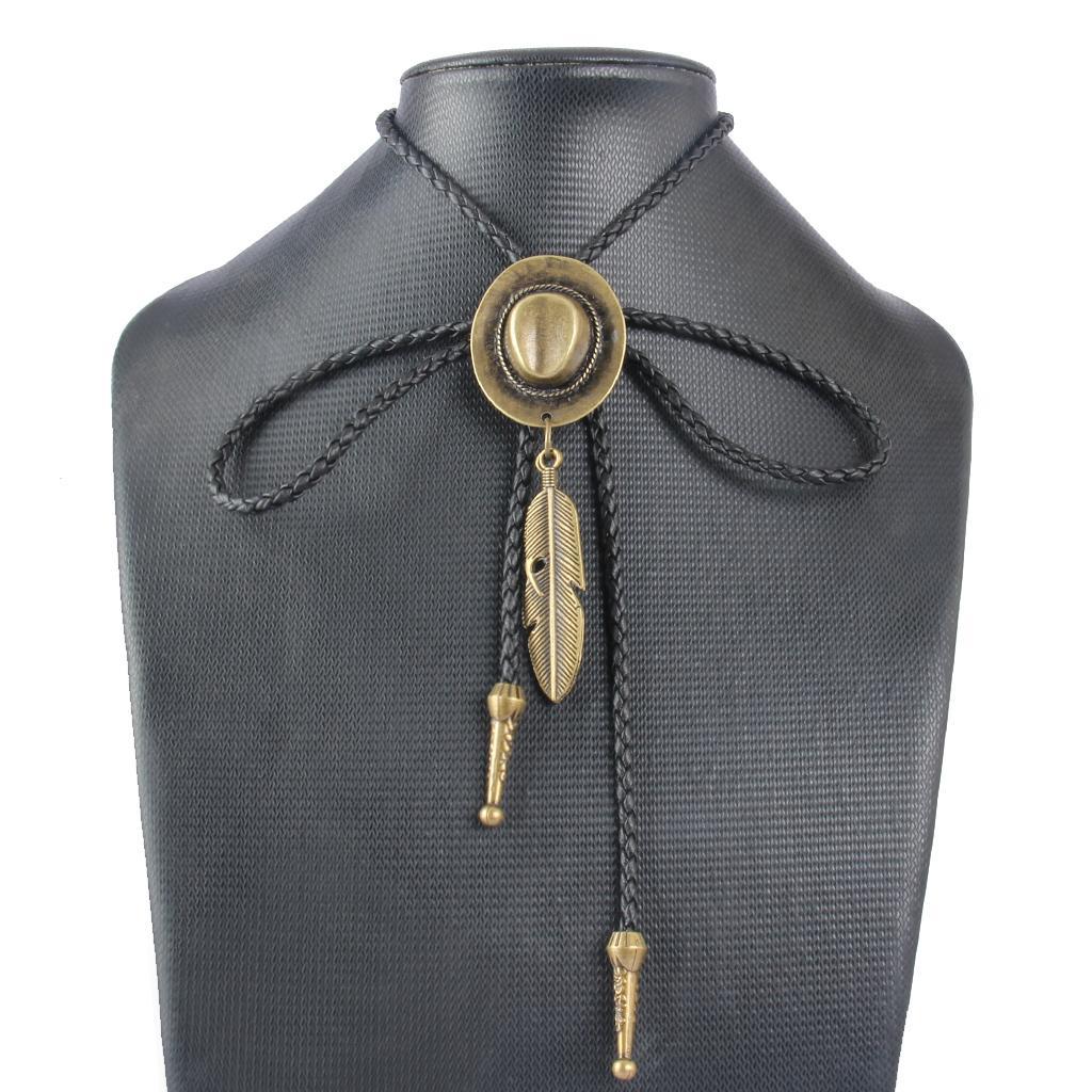 Black PU Leather Western Cowboy Rodeo Bolo Tie Bola Necklace Antique Brass