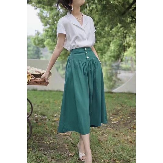 Chân váy xoè dáng dài ba cúc chất thô mềm đẹp