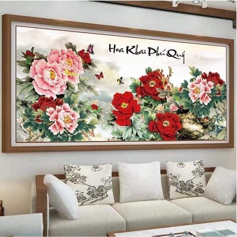 Tranh Đính Đá HOA MẪU ĐƠN HOA KHAI PHÚ QUÝ (ĐÁ ABC CAO CẤP). Kích Thước: 1m2 x 60cm