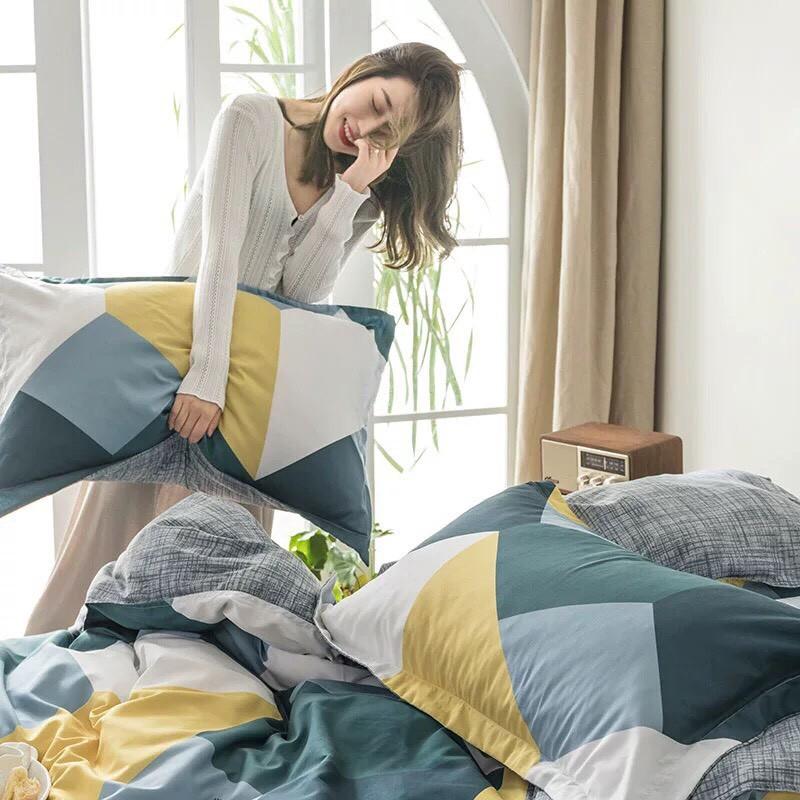 Bộ chăn ga gối Cotton poly M2T bedding Sóng xanh, vỏ chăn mền, drap giường và 2 vỏ gối