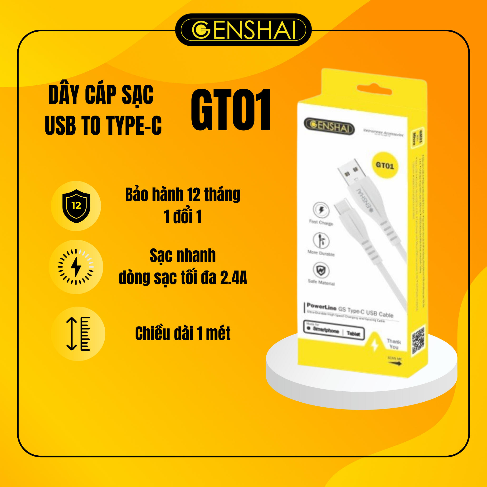 Cáp sạc nhanh hàng chính hãng Type C GENSHAI GT01 IBảo hành 12 tháng 1 đổi 1I Made in Việt Nam