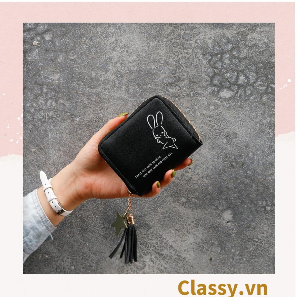 Ví gập nữ Classy mini họa tiết thỏ con, nhiều ngăn đựng thẻ, khóa dây kéo T1306