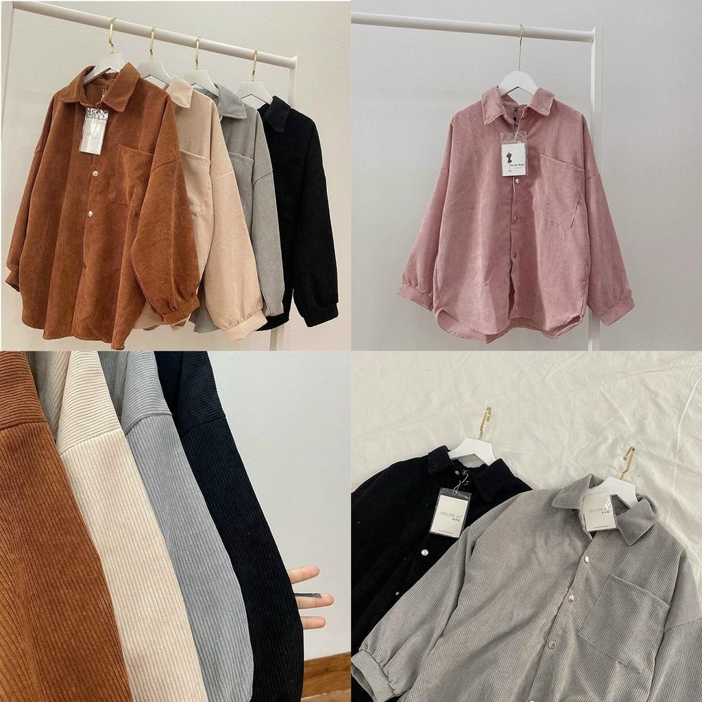 Áo Khoác Nhung THIFU FASHION Nhung Gân Mềm Mịn Tay Phồng, Mặt Lưng Trơn Kiểu Dáng Sơ Mi
