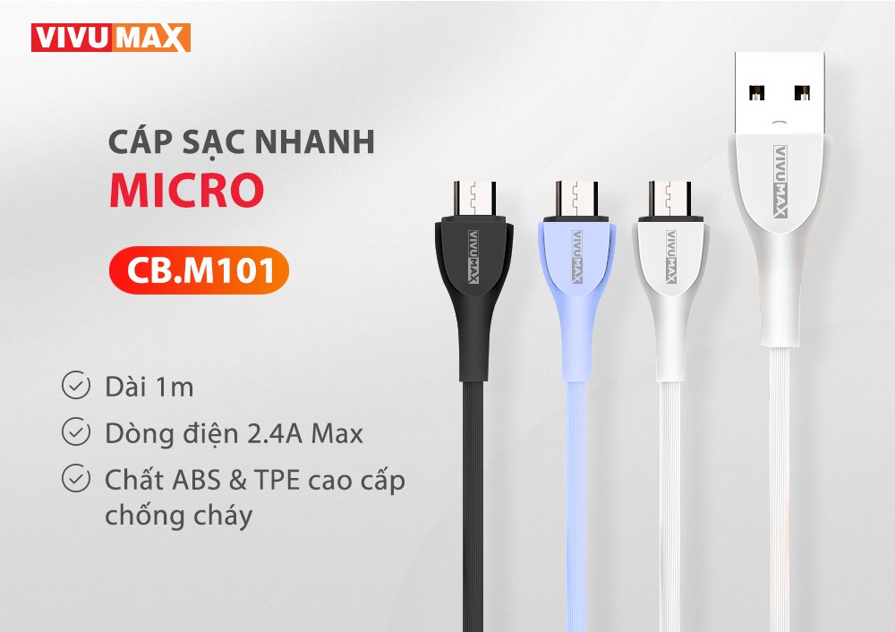 Cáp sạc nhanh và truyền dữ liệu VivuMax M101 đầu sạc Micro USB  dòng điện 2.4A siêu bền - 1m Cho Android (Samsung/Oppo/Xiaomi/Vsmart/Realme…)- Hàng Chính Hãng