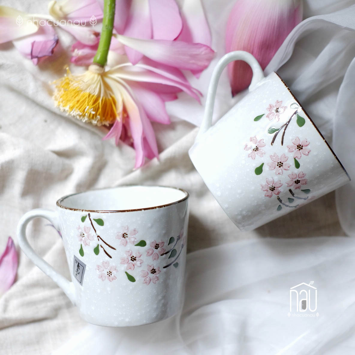 Cốc gốm có quai họa tiết Sakura hoa tuyết 225ml pha cafe, uống nước, làm quà tặng