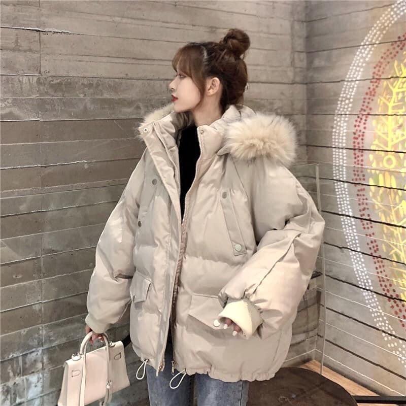 Áo Phao Túi Ngực Chéo MAYON Nữ Jacket mũ lông ấm mùa đông form rộng tay bồng cá tính