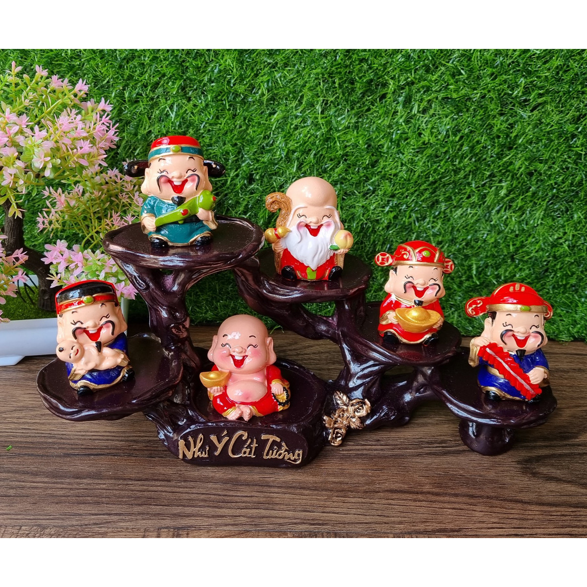 Bộ Ngũ Phúc 6cm kèm tượng Di Lặc và chân đế Như Ý Cát Tường