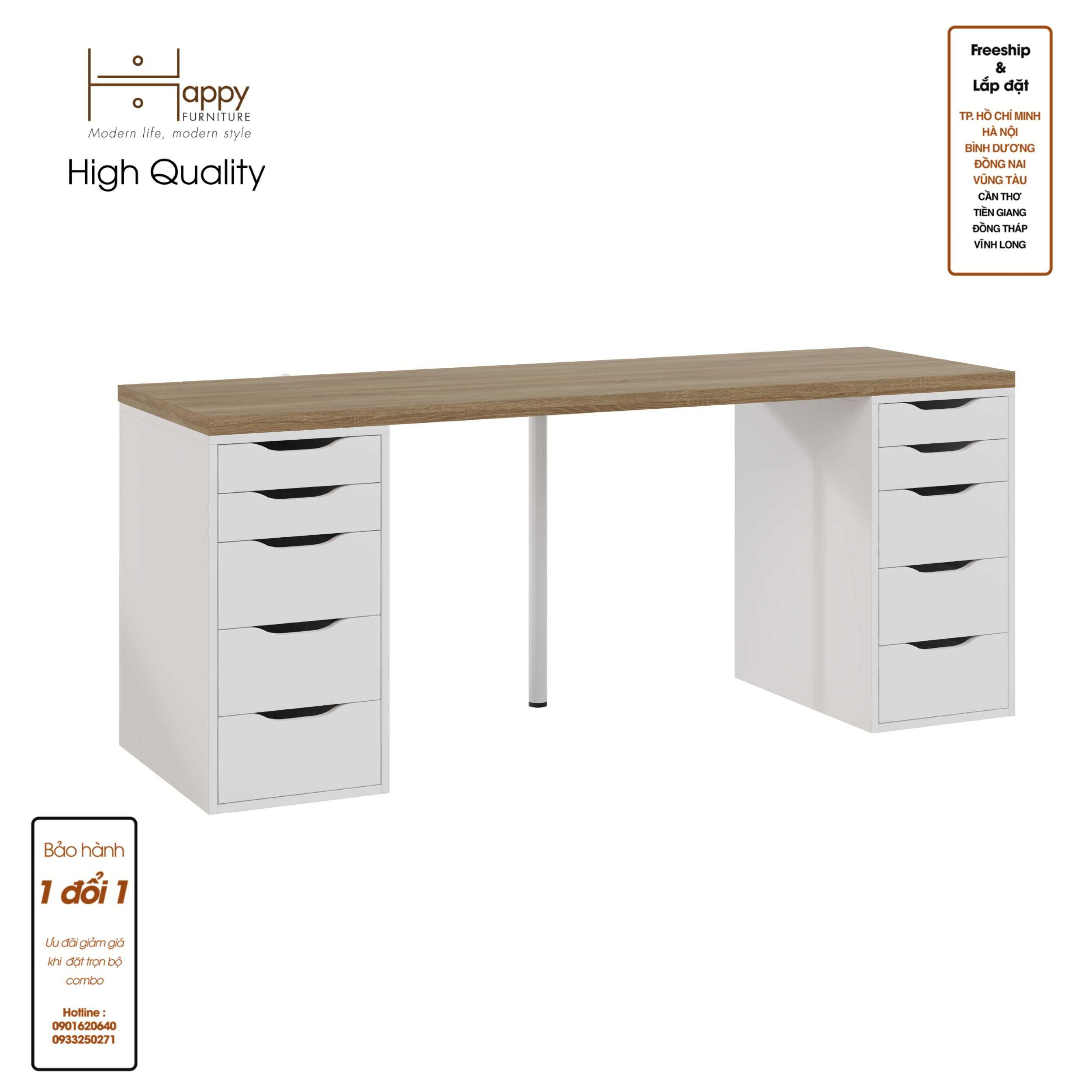LIDA, Bàn làm việc 2 bên ngăn tủ - 2m x 60cm , 200cm x 60cm x 73cm , BAN_025