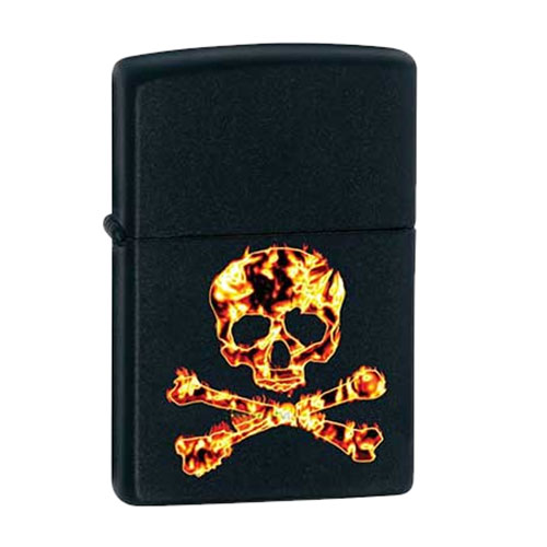 Bật Lửa Zippo 28044 Flaming Skull And Cross Bones Black Matte