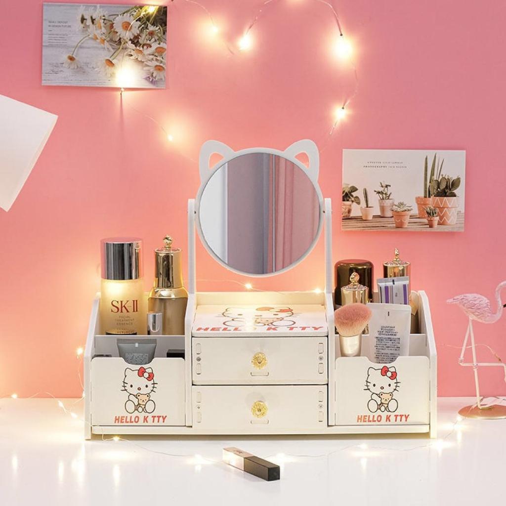 KỆ ĐỰNG ĐỒ TRANG ĐIỂM MỸ PHẨM, TRANG SỨC , ĐỒ DÙNG CÁ NHÂN NHIỀU NGĂN KÈM GƯƠNG TAI MÈO DỄ THƯƠNG