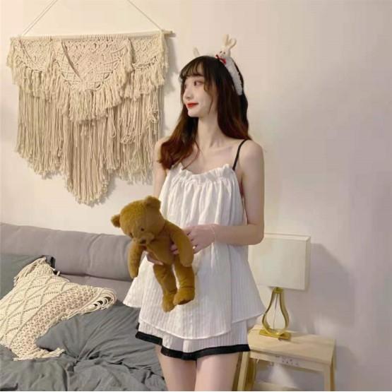 Set đồ ngủ hai dây thiết kế cổ nhún đáng yêu S007