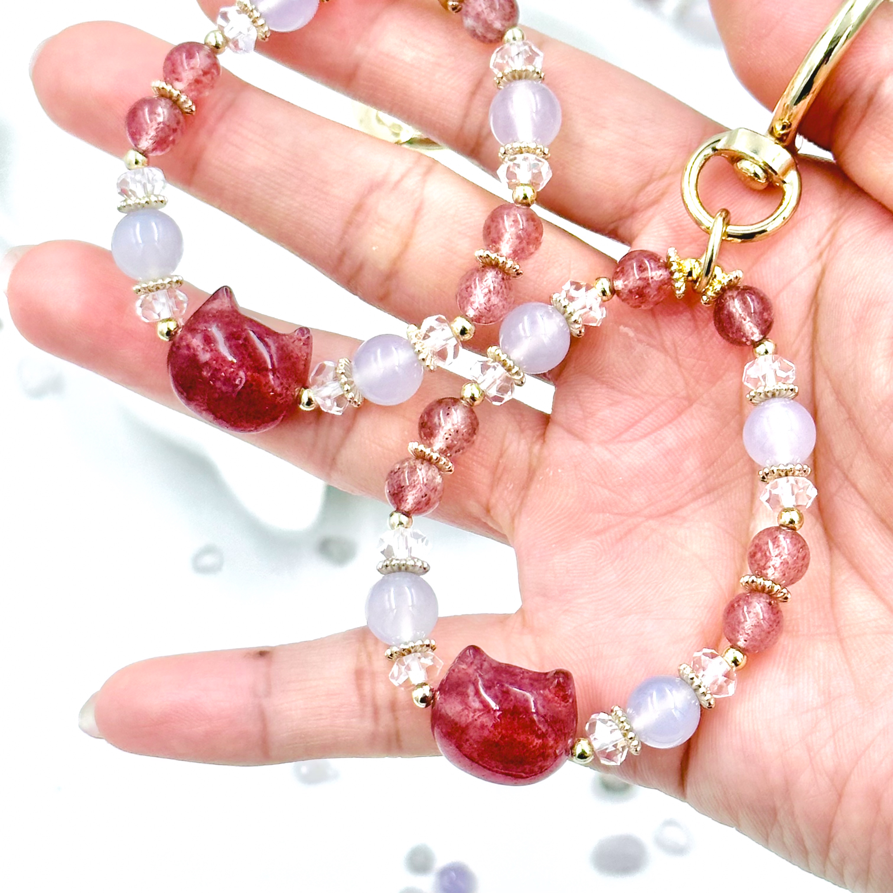CRZ Bag Charm - Phụ Kiện - Opalite With Strawberry Quartz Cat Head - Móc Khóa Vòng Tay Đá Opal Kèm 1 Charm Thạch Anh Dâu Hình Đầu Mèo
