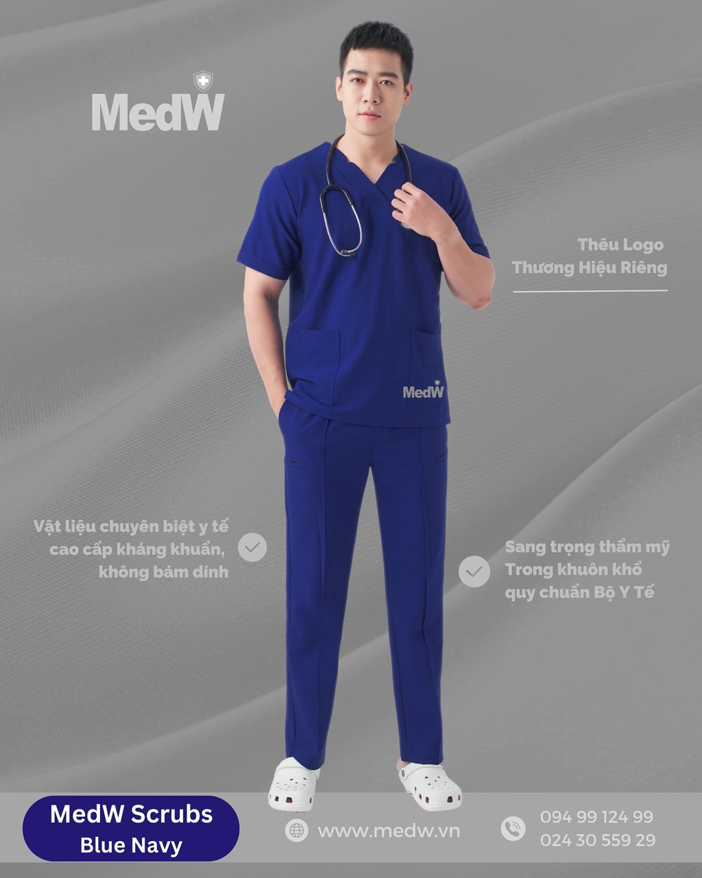 MedW Zeus Scrubs Y Tế Blue Navy (Nam) Xanh Navy Bộ Trang Phục Bác Sĩ, Điều Dưỡng Phòng Khám Chuyên Khoa Đa Khoa, Vật Liệu Cotton Nhật Không Bám Dính, Xếp Ly Không Nhăn, Dáng Suông Vận Động Tự Do. MedW Thêu Tên Logo Thương Hiệu Riêng