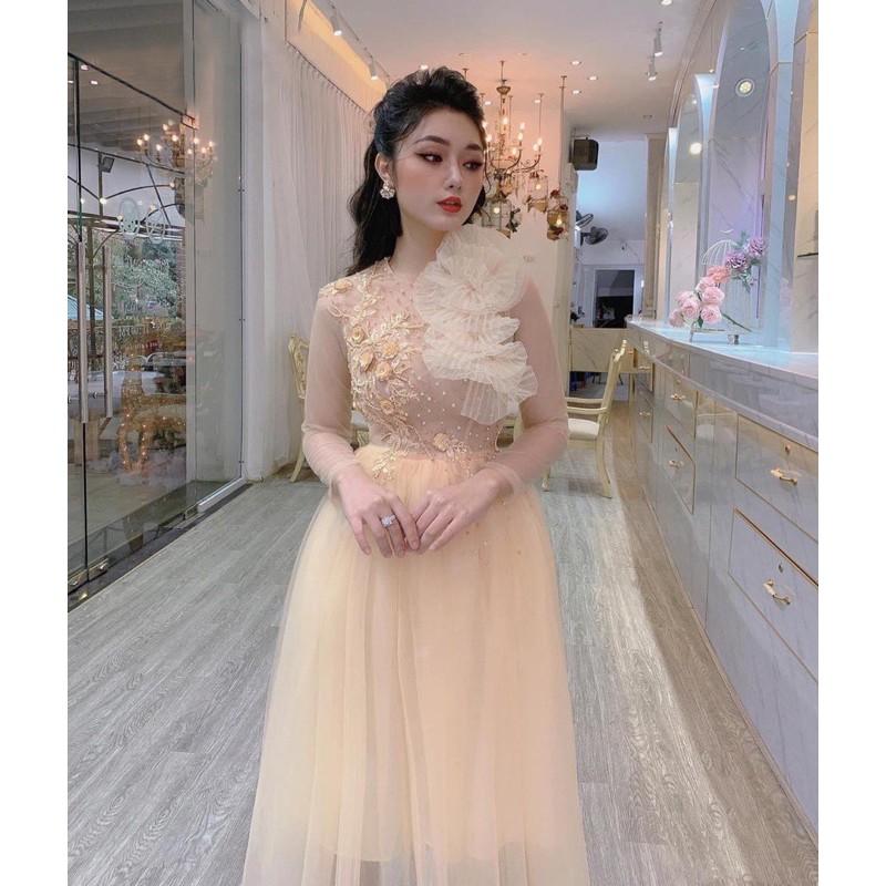 Đầm Xoè Công Chúa Phối Hoa Nổi Và Cườm - MS133Y mm đi chơi dự tiệc đám cưới, du lịch MM