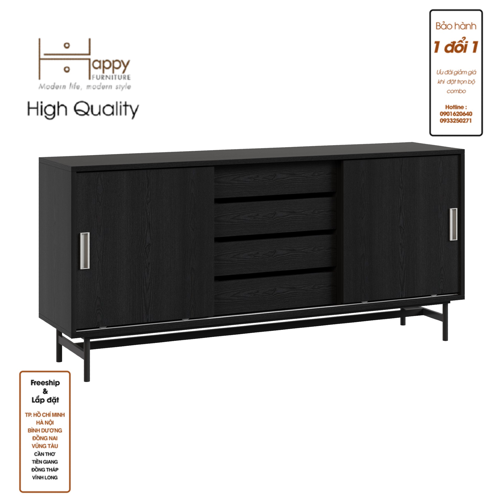 [Happy Home Furniture] LUCA, Tủ lưu trữ 4 ngăn cánh lùa - Chân sắt, 150cm x 36cm x 70cm ( DxRxC), TCL_022